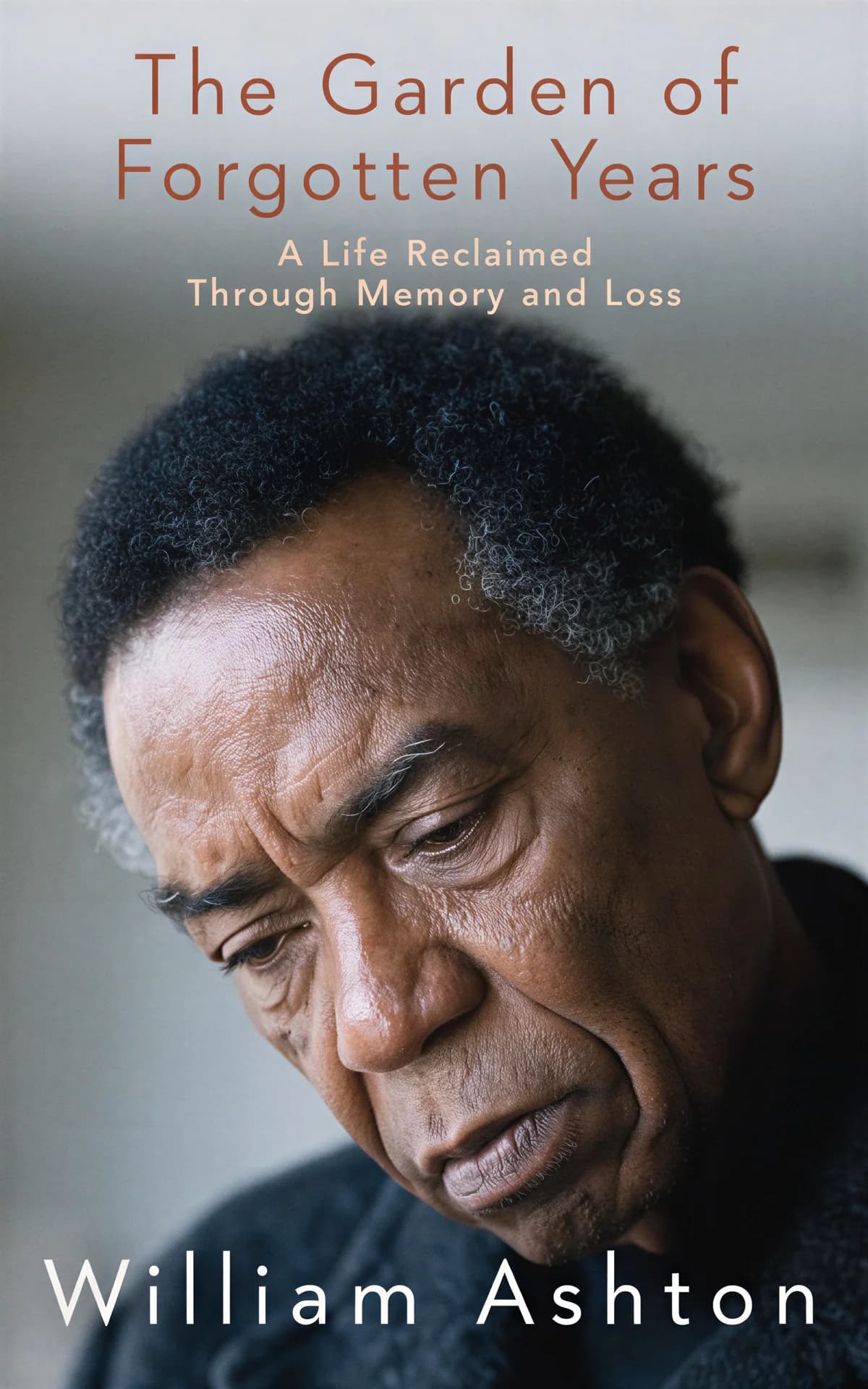 AI book cover generator biography photo portrait: contemplative headshot of an older man with gray hair and weathered features looking downward for 'The Garden of Forgotten Years'.