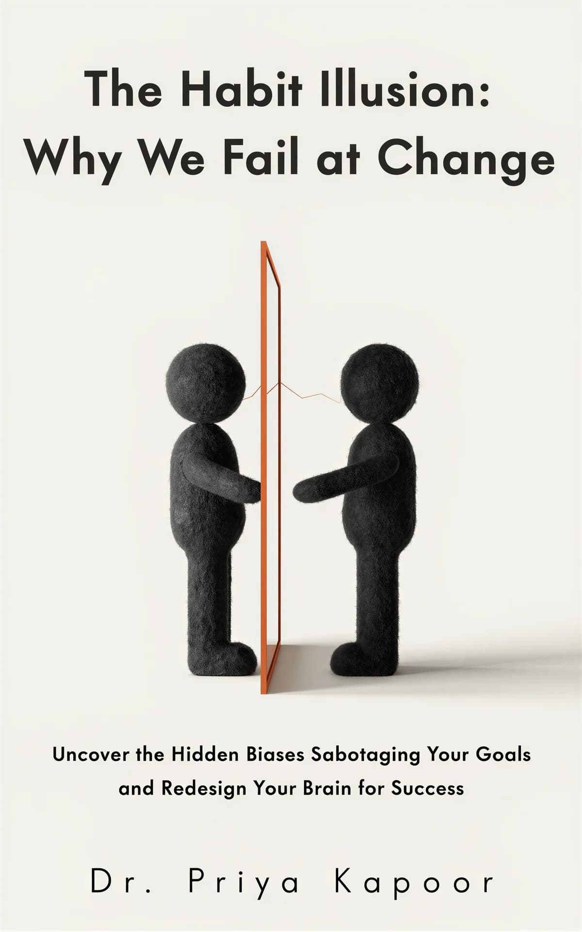 AI book cover generator business icon: two dark figures facing a red mirror barrier symbolizing self-reflection and internal conflict for 'The Habit Illusion: Why We Fail at Change'.