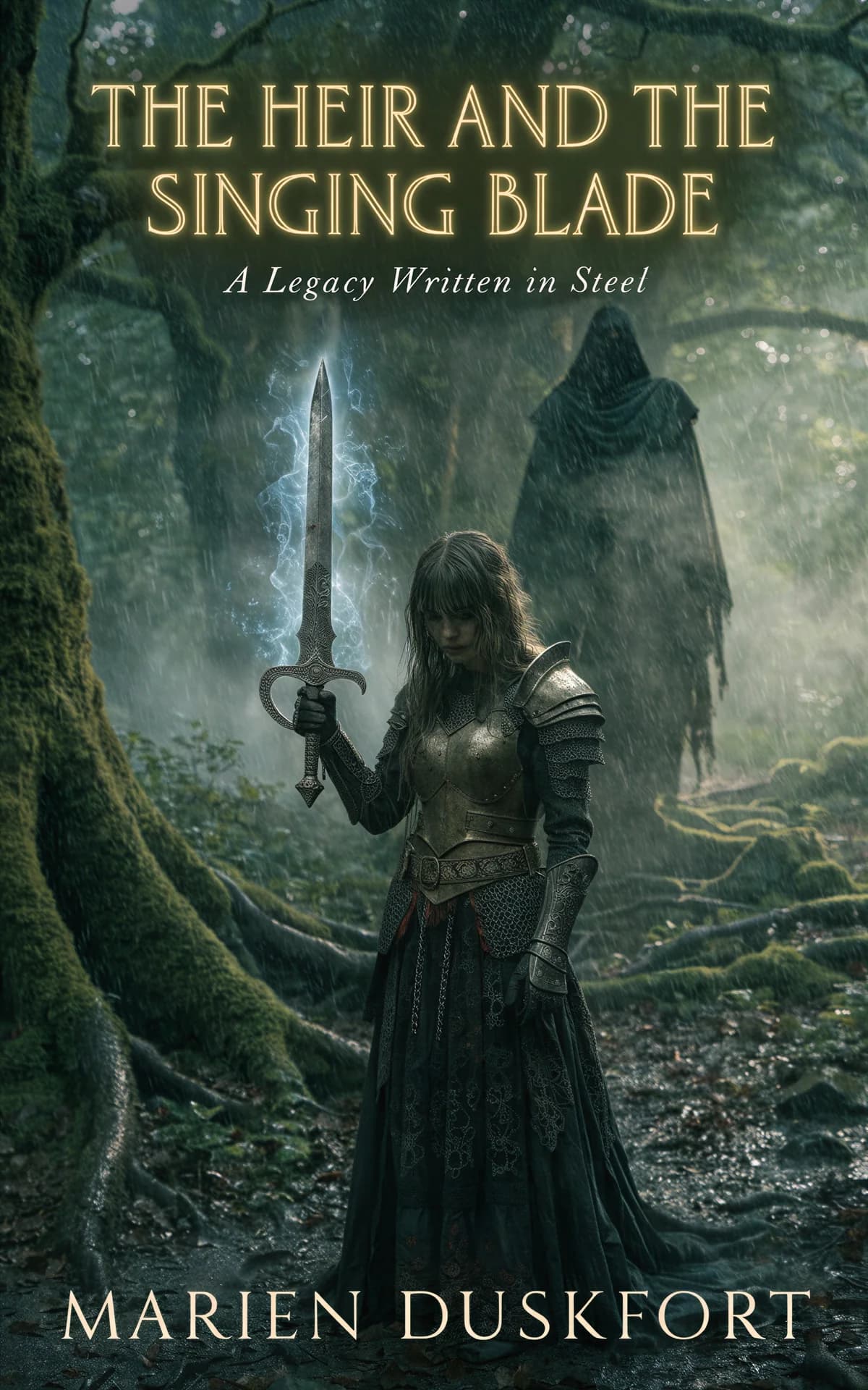 AI book cover generator Fantasy: cover design for "The Heir and the Singing Blade".