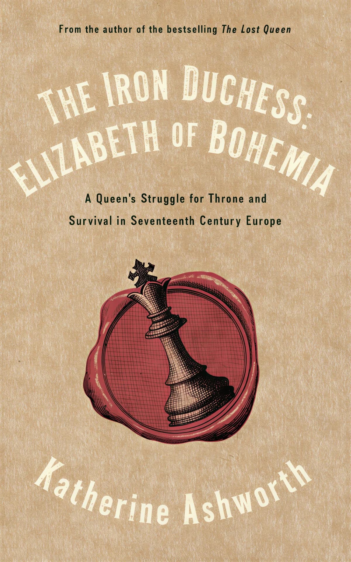 AI book cover generator biography engraving narrative: red wax seal with chess queen piece on tan parchment background for 'The Iron Duchess: Elizabeth of Bohemia'.
