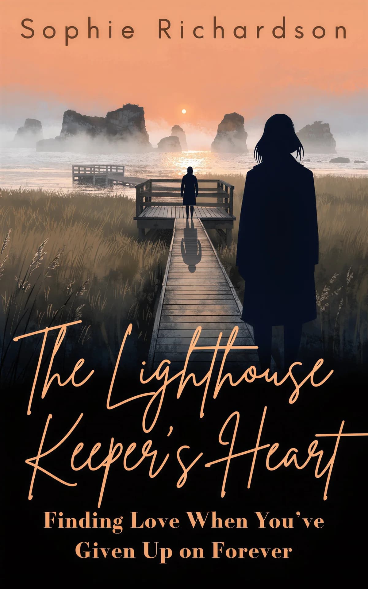 AI book cover generator romance contemporary silhouette landscape: woman in silhouette watching figure on wooden boardwalk at misty sunrise with rocky islands for "The Lighthouse Keeper's Heart".