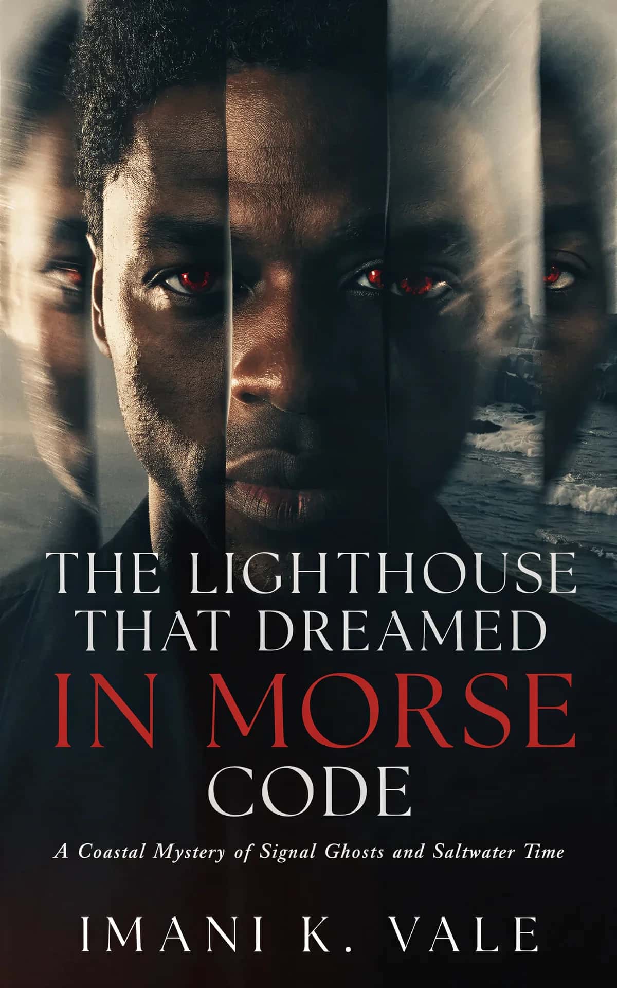 AI book cover generator Thriller: cover design for "The Lighthouse That Dreamed in Morse Code".