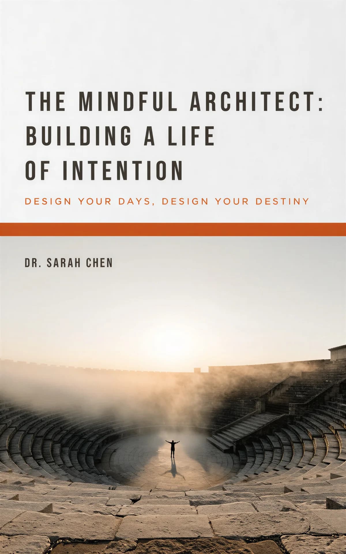 AI book cover generator self-help split-field photo: solitary figure with arms raised in ancient amphitheater at sunrise for "The Mindful Architect: Building a Life of Intention".