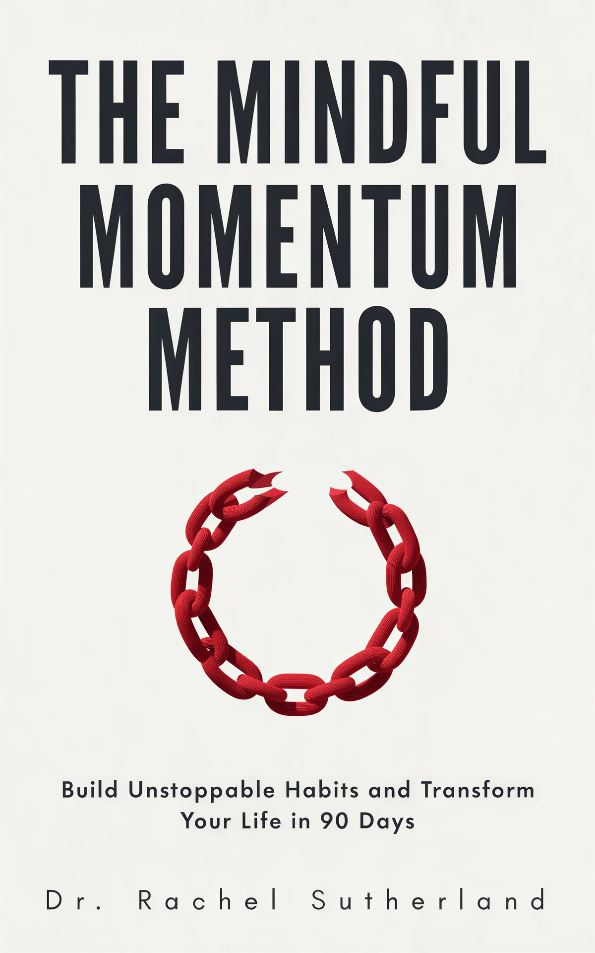AI book cover generator self-help business icon: red chain link circle on cream background with bold typography for 'The Mindful Momentum Method'.