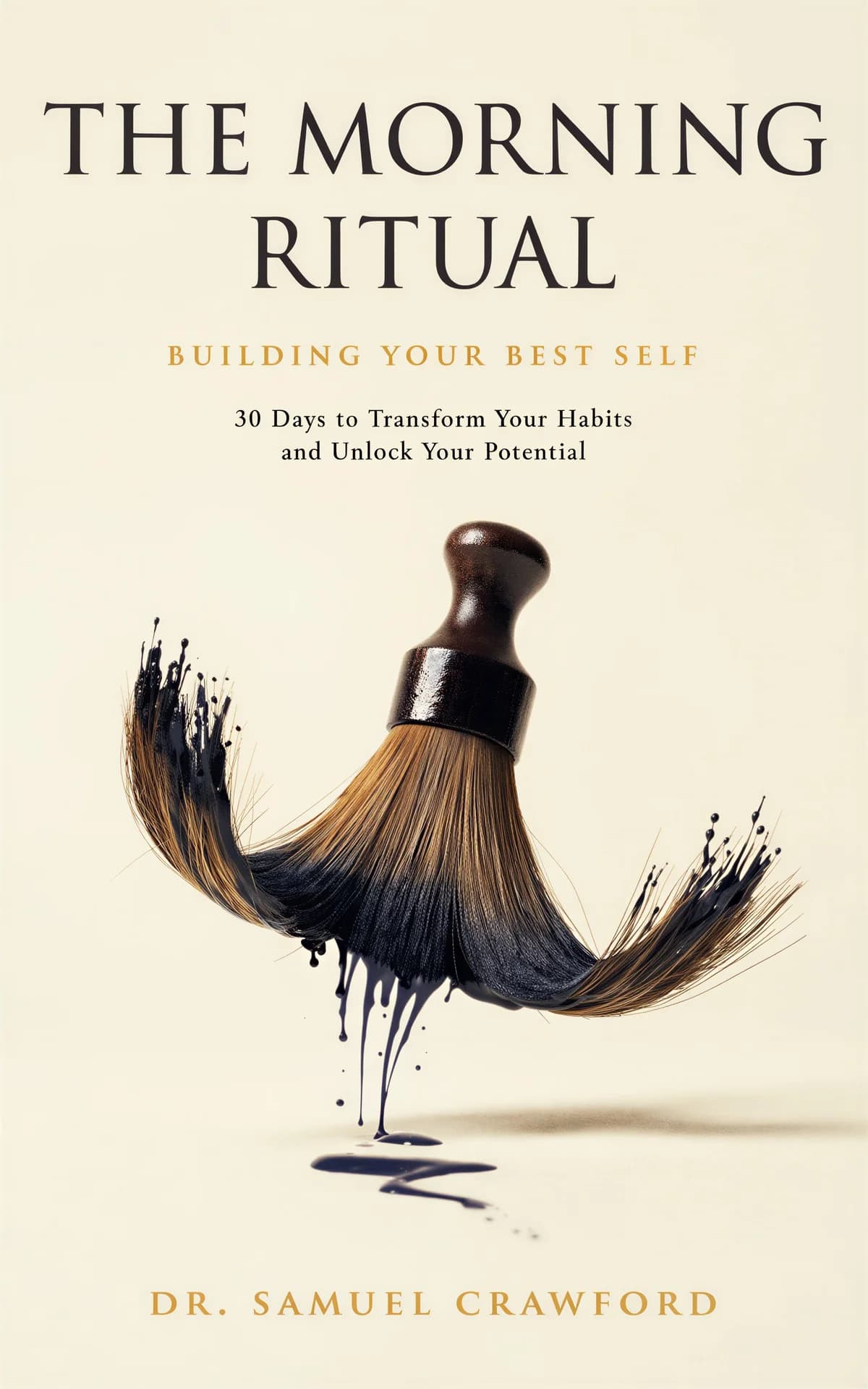 AI book cover generator self-help minimalist: artistic paintbrush with flowing black and gold brushstrokes on cream background for "The Morning Ritual: Building Your Best Self".