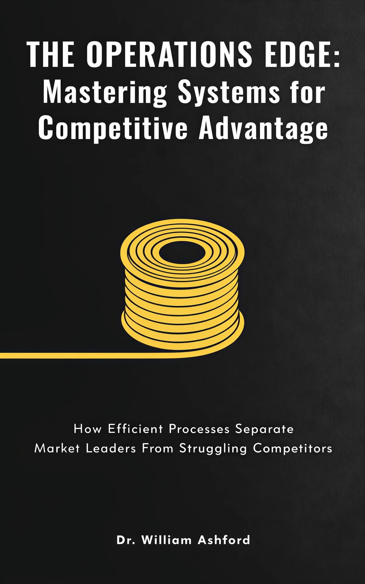 AI book cover generator business-centered-icon: stacked golden coins with extending ribbon on dark background for 'The Operations Edge: Mastering Systems for Competitive Advantage'