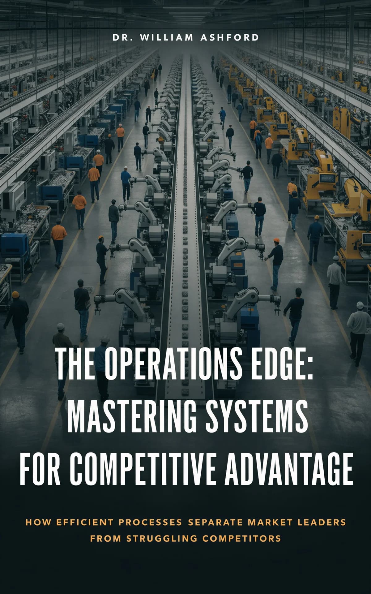 AI book cover generator business economics full-bleed photo: industrial factory floor with robotic arms and workers in organized rows for "The Operations Edge: Mastering Systems for Competitive Advantage".
