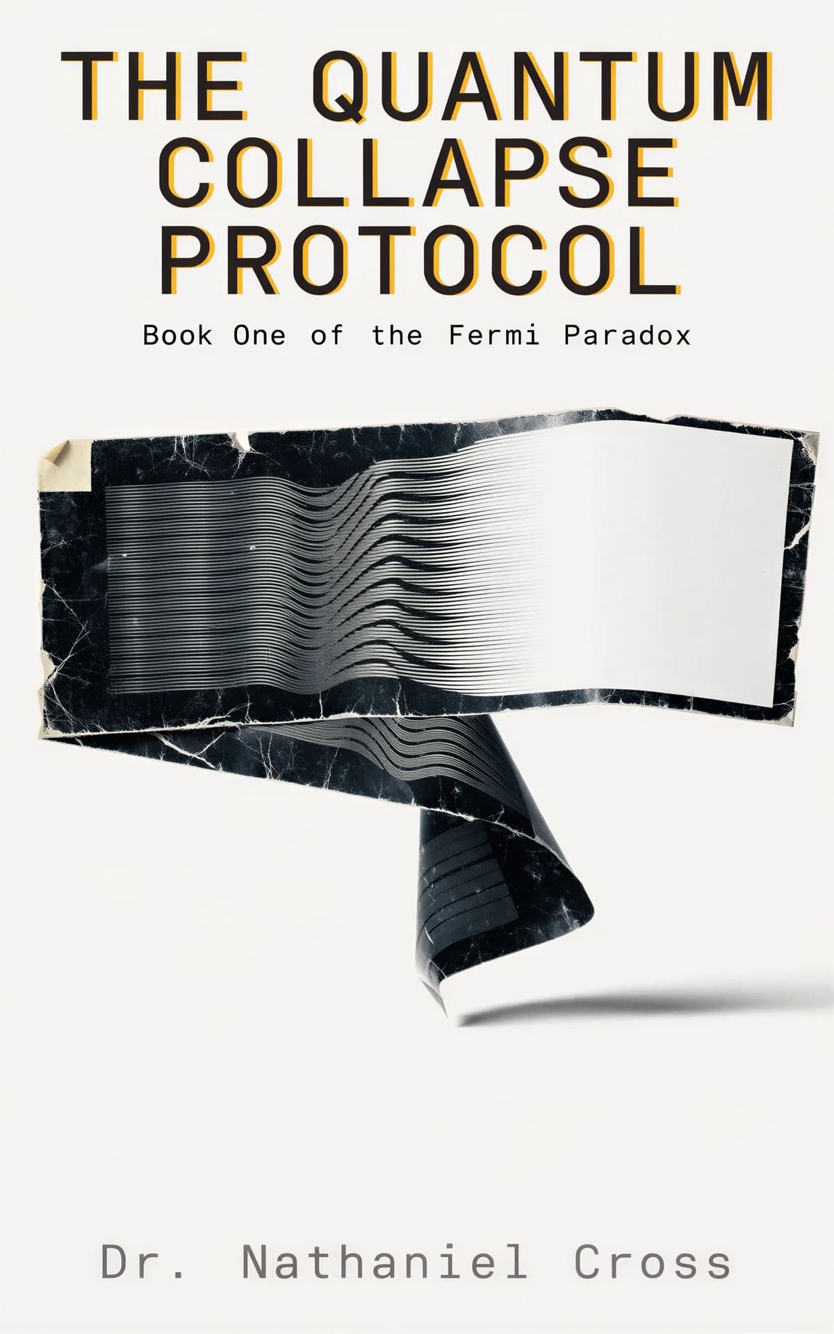 AI book cover generator science fiction hard-restraint-object: distorted black marble book with warped pages and quantum wave patterns for 'The Quantum Collapse Protocol'.
