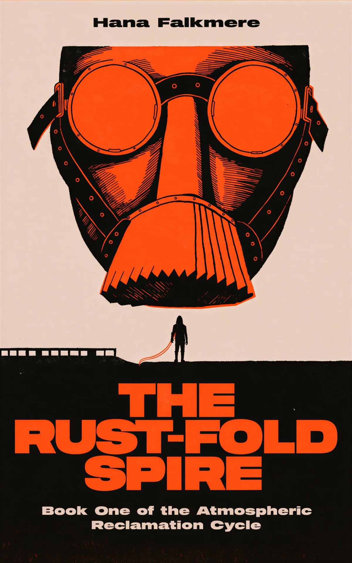 AI book cover generator sci-fi illustration: a giant gas mask looming over a lone figure for "The Rust-Fold Spire".
