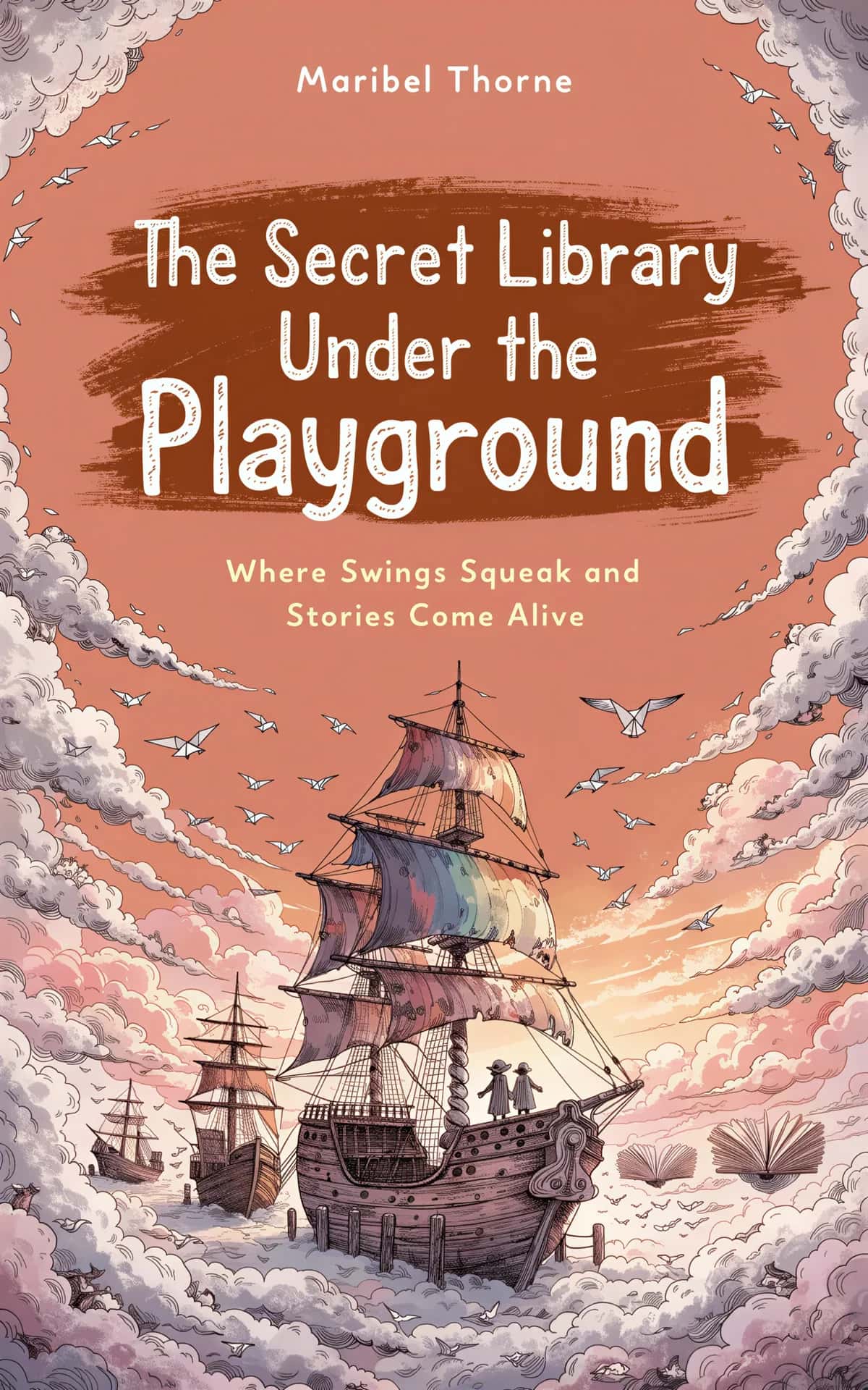 AI book cover generator Children's: cover design for "The Secret Library Under the Playground".