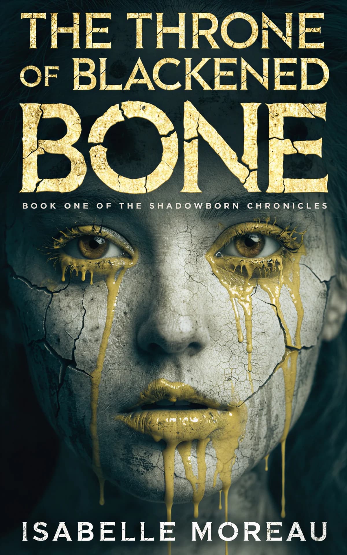 AI book cover generator horror possessed-portrait: pale face with cracked skin and golden liquid dripping from eyes and mouth for "The Throne of Blackened Bone".