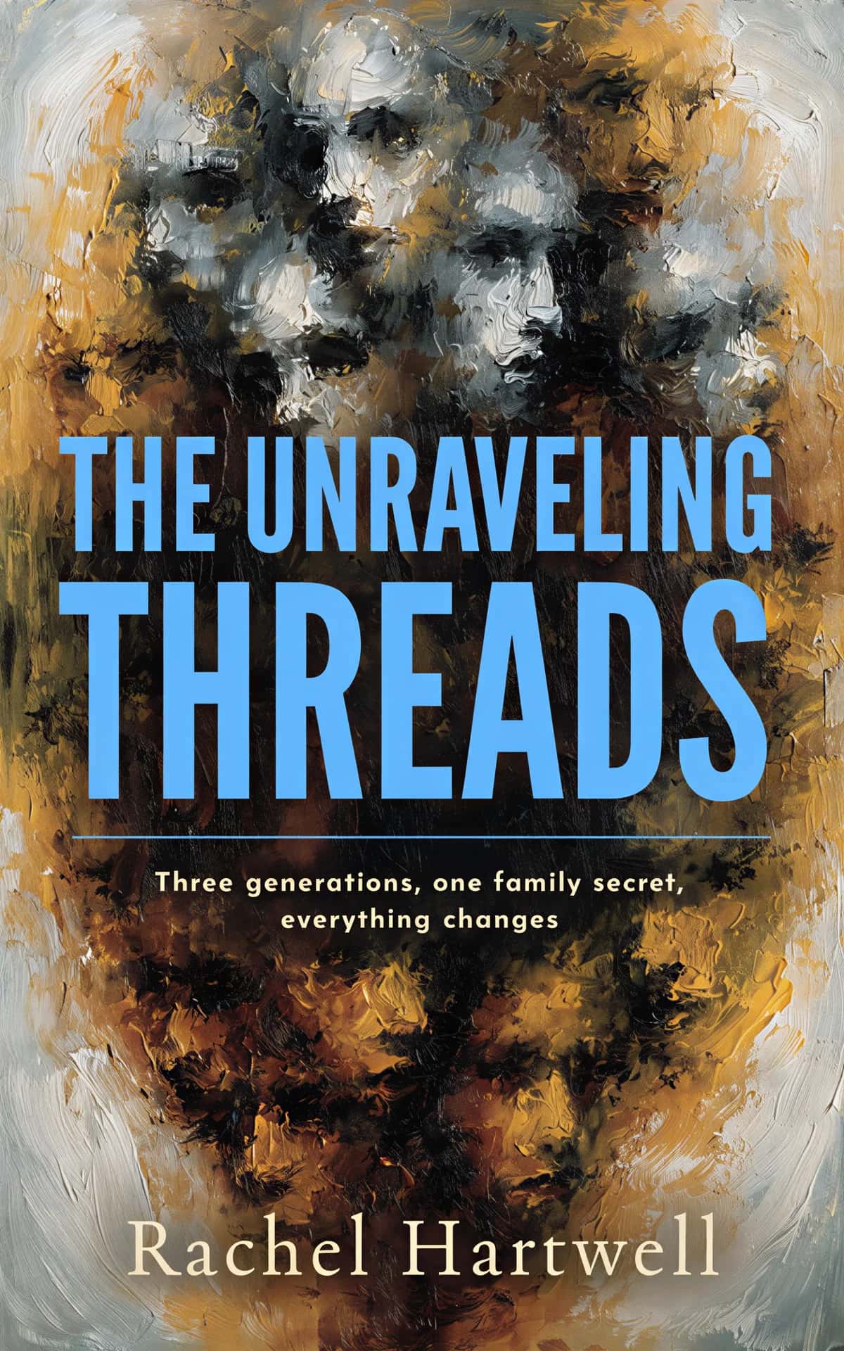 AI book cover generator contemporary fiction literary-neon-painterly: abstract expressionist portrait with bold blue typography and warm gold-black brushstrokes for "The Unraveling Threads".