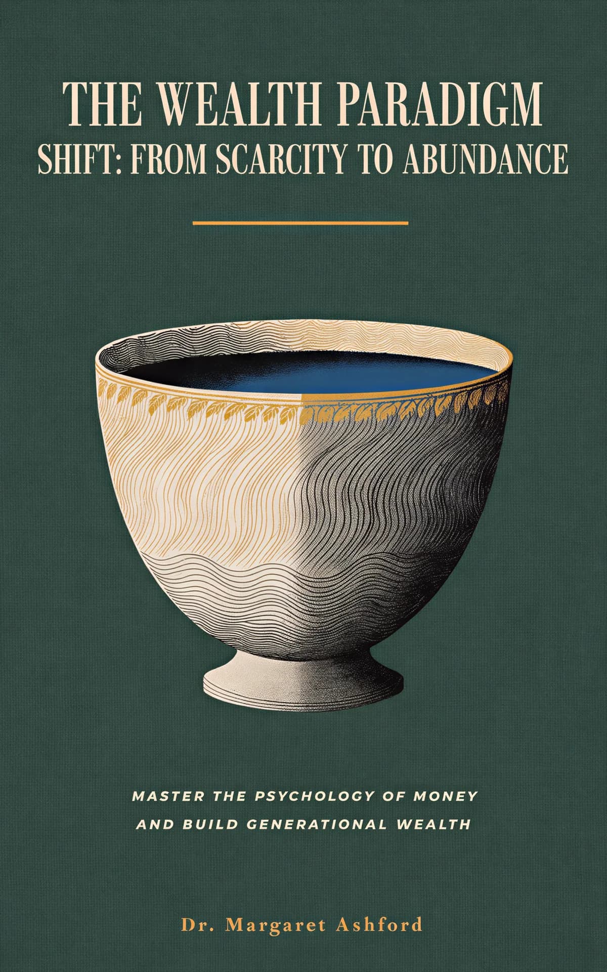 AI book cover generator business-finance-classical-medallion: elegant ceramic bowl filled with deep blue liquid against teal background for 'The Wealth Paradigm Shift: From Scarcity to Abundance'.
