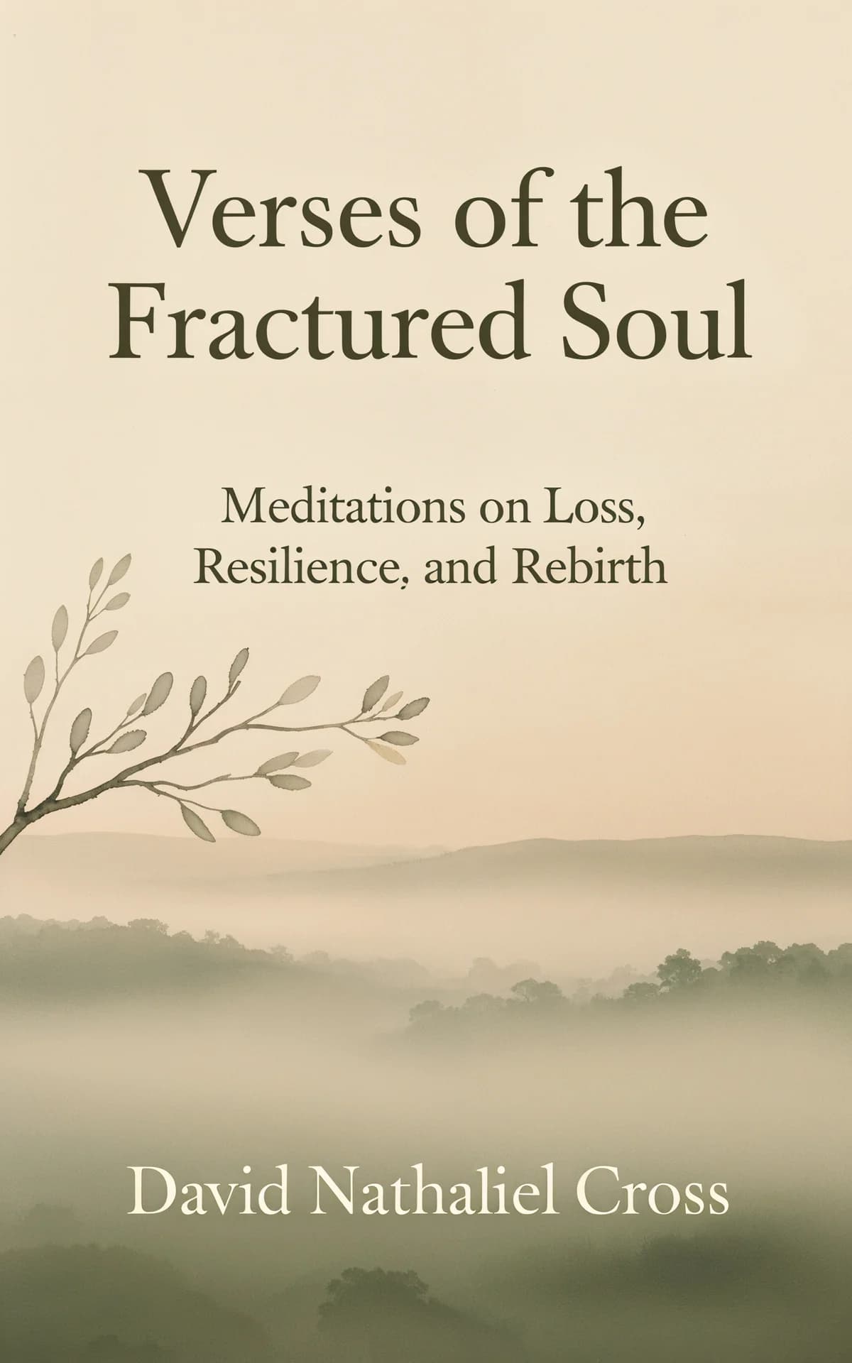 AI book cover generator poetry watercolor: misty landscape with soft green hills and delicate branch for "Verses of the Fractured Soul".