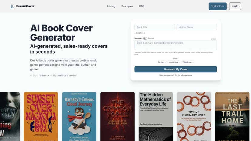A grid of AI-generated book covers for different genres created with BeYourCover