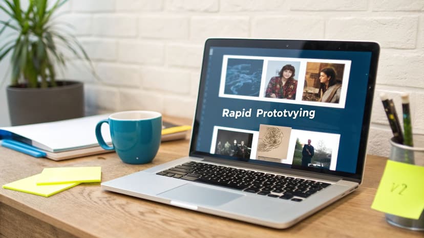 A laptop displaying a 'Rapid Prototyping' presentation on a wooden desk with a mug and sticky notes.