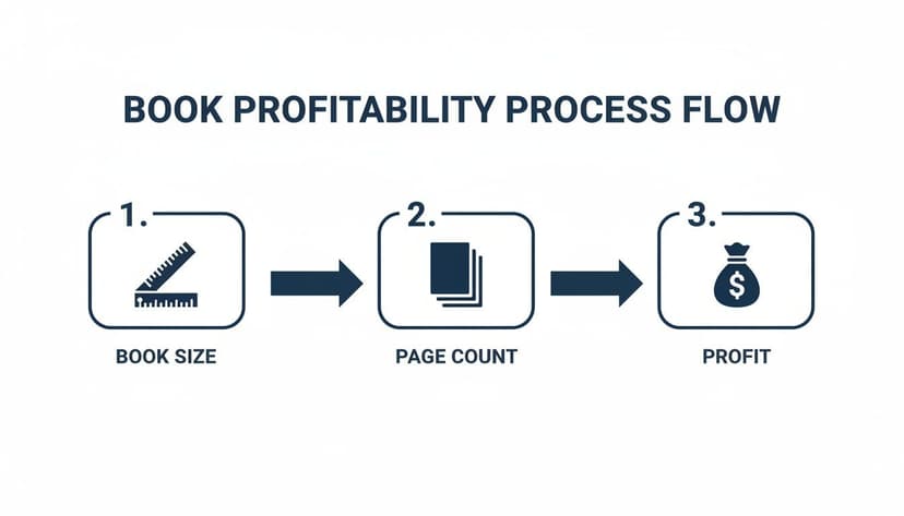 A flowchart illustrates the book profitability process, starting with book size, then page count, leading to profit.