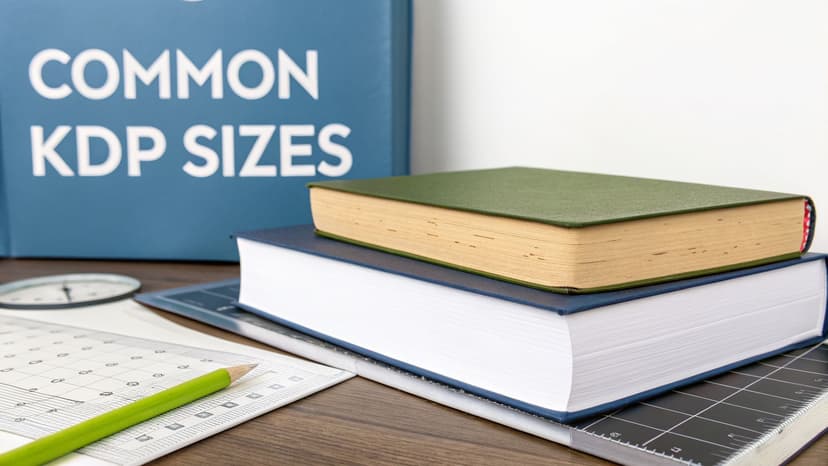 A blue book displaying 'COMMON KDP SIZES' behind a stack of books, a pencil, and paper on a wooden desk.