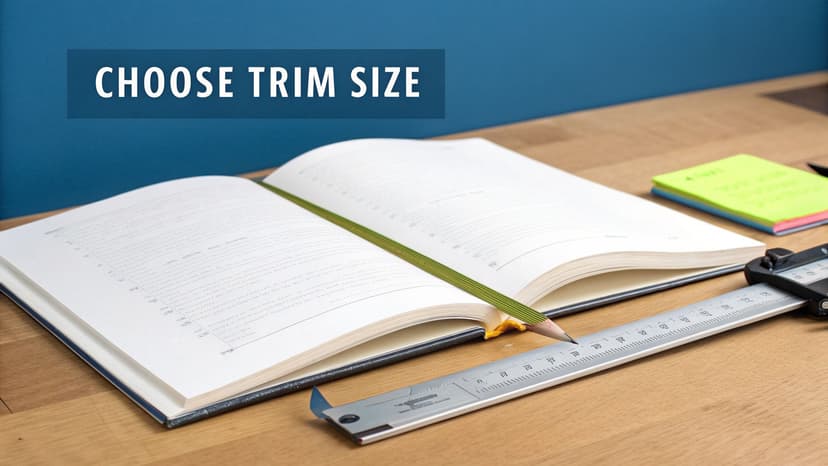 An open book with a pencil bookmark and a ruler on a wooden desk, showing 'CHOOSE TRIM SIZE' text.
