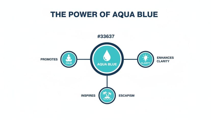 Diagram showing the power of aqua blue: promotes calm, enhances clarity, and inspires escapism.
