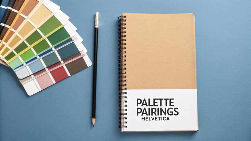 A flat lay showcasing various color palette swatches, a black pencil, and a 'Palette Pairings' notebook on an aqua blue surface.