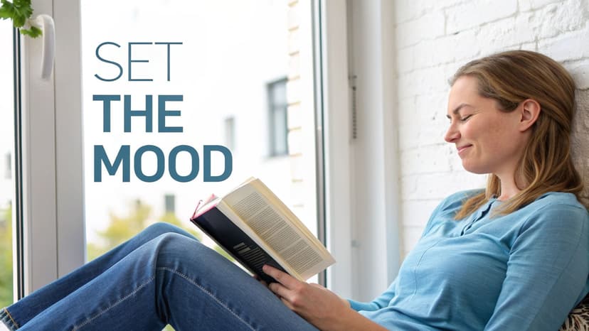 A happy woman in an aqua blue shirt and jeans relaxes while reading a book by a sunny window.