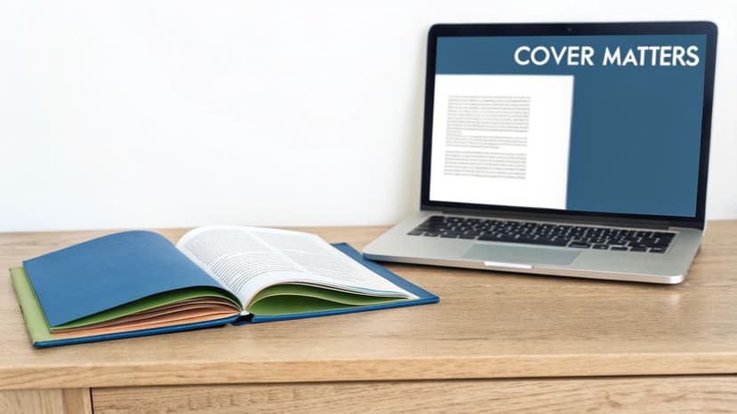 An open book with colorful pages next to a laptop displaying 'COVER MATTERS' on a wooden desk.