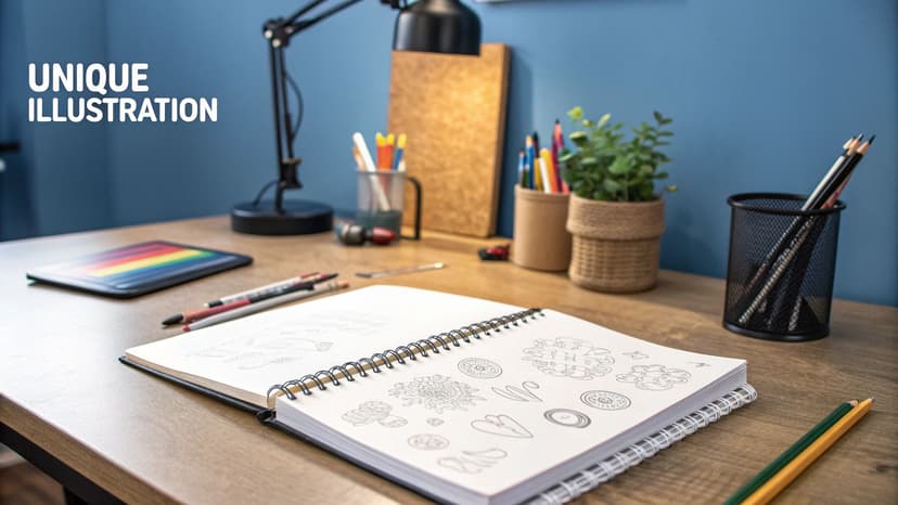 A creative workspace with an open sketchbook displaying unique hand-drawn illustrations and art supplies.