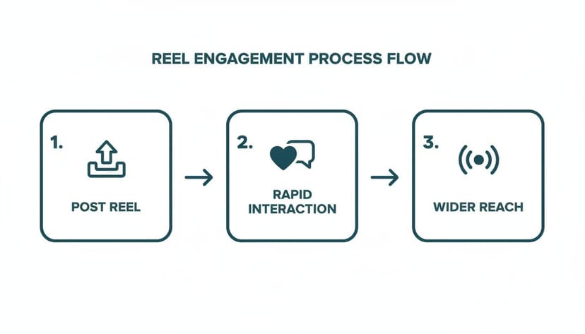 Flowchart illustrating the 3-step Reel engagement process: Post Reel, Rapid Interaction, and Wider Reach.