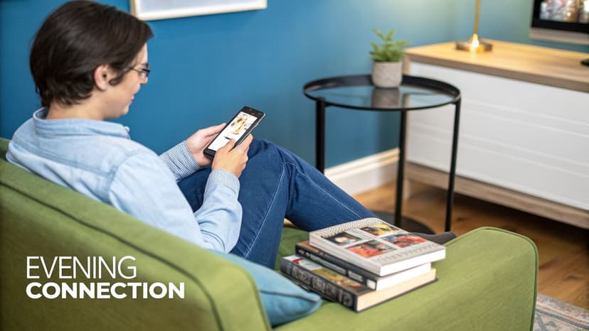 A person in a denim shirt sits on a green sofa, using a smartphone with books nearby.