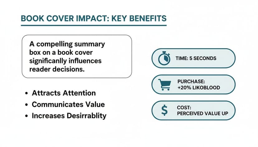 Infographic showing key benefits of a compelling book cover summary, including time, purchase, and cost perception.