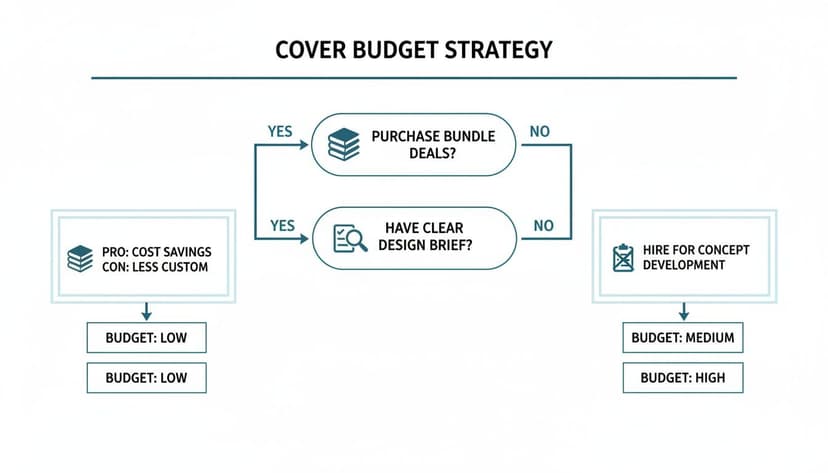 Flowchart illustrating budget strategy for cover design based on bundle deals and design brief.