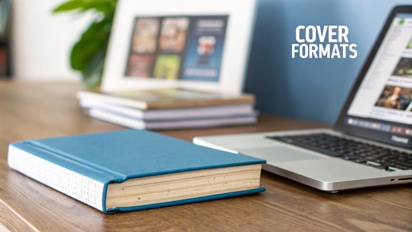 A blue hardcover book and a laptop on a wooden desk, with "COVER FORMATS" text overlay.
