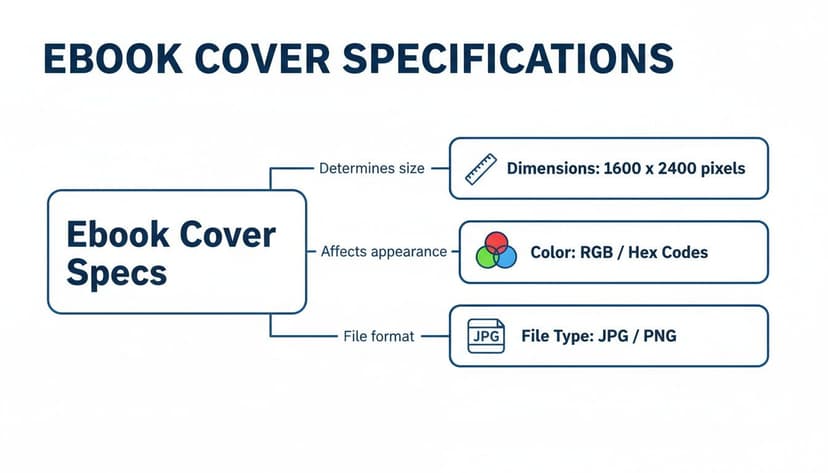 A flowchart illustrating ebook cover specifications including dimensions, color formats, and file types.