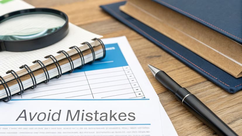 Office desk with 'Avoid Mistakes' document, magnifying glass, pen, and notebook for careful review.