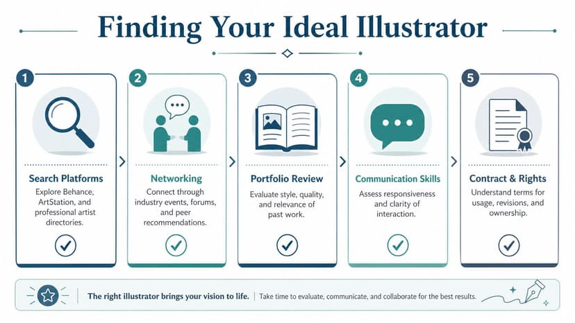 An infographic titled Finding Your Ideal Illustrator showing five steps to hiring a professional artist.