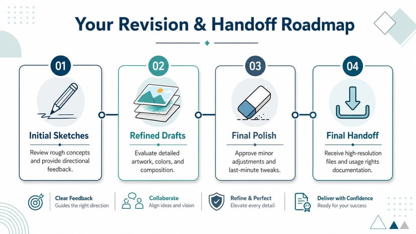 A professional four-step infographic showing the design revision and project handoff process for clients.