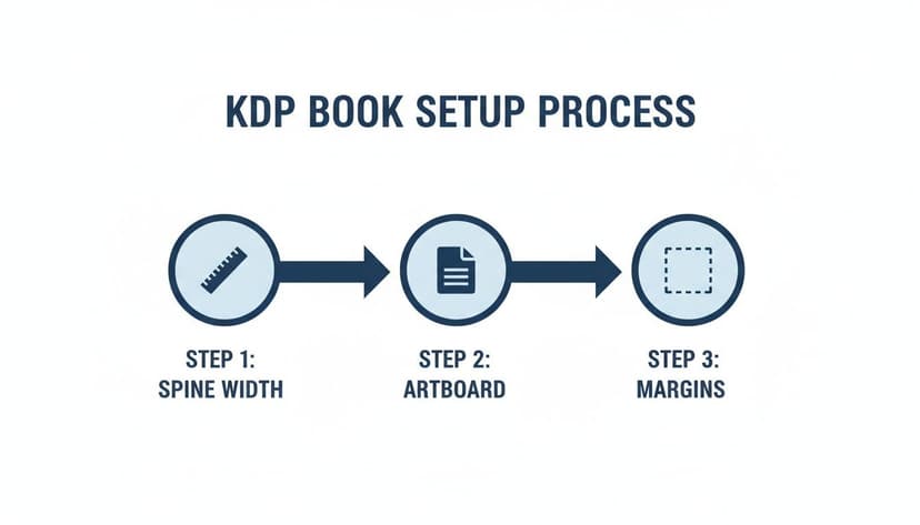 Flowchart illustrating the KDP book setup process with three steps: spine width, artboard, and margins.