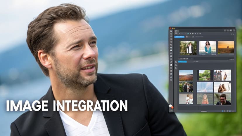 A man in a suit looks right while a software interface with image thumbnails overlays the scene, text reads "IMAGE INTEGRATION."