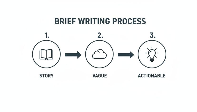 A three-step infographic showing the brief writing process: Story, Vague, Actionable, with icons.