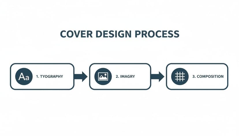 A flowchart illustrating the cover design process with steps for typography, imagery, and composition.