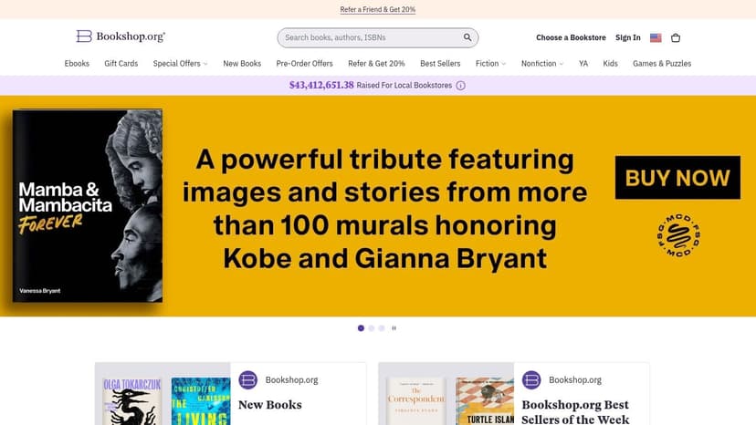 A screenshot of the Bookshop.org homepage, showing curated book lists and a search bar, ideal for finding books on color psychology from independent sellers.