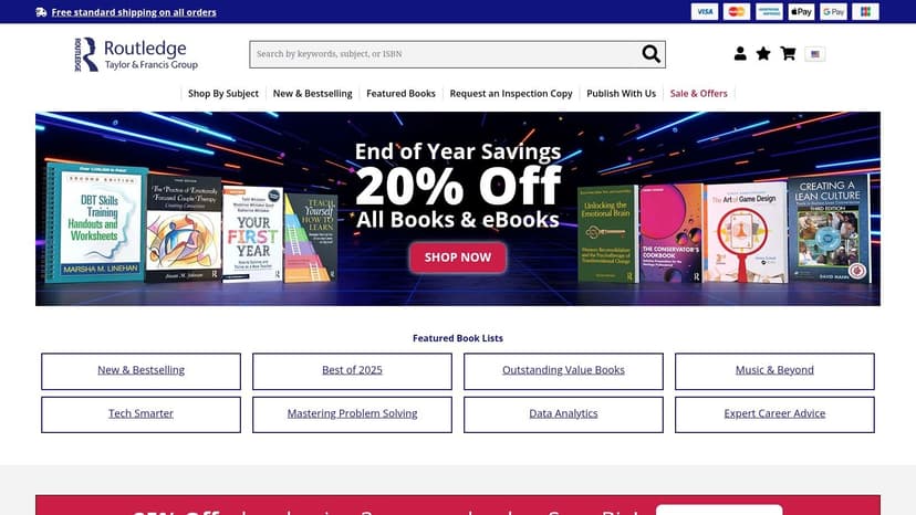 A screenshot of the Routledge website homepage, showing academic book categories and a search bar, useful for finding scholarly books on color psychology.
