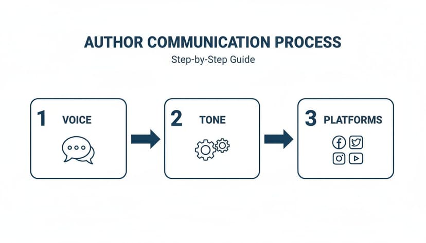 Infographic illustrating the author communication process: Voice, Tone, and Platforms step-by-step guide.