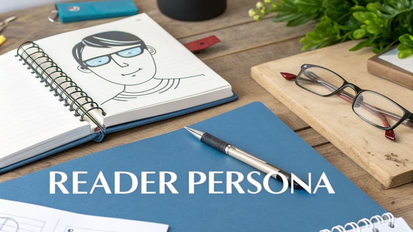 A desk with a notebook featuring a cartoon man and another notebook titled 'READER PERSONA' with a pen.