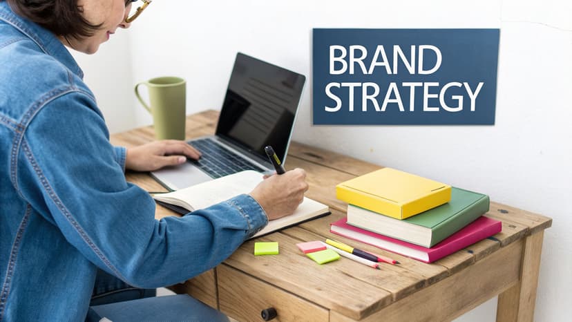 A person works on a laptop and writes in a notebook, with a 'BRAND STRATEGY' sign on the wall.