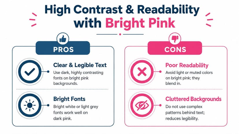 A graphic showing pros and cons of using bright pink colors for high contrast and text readability.