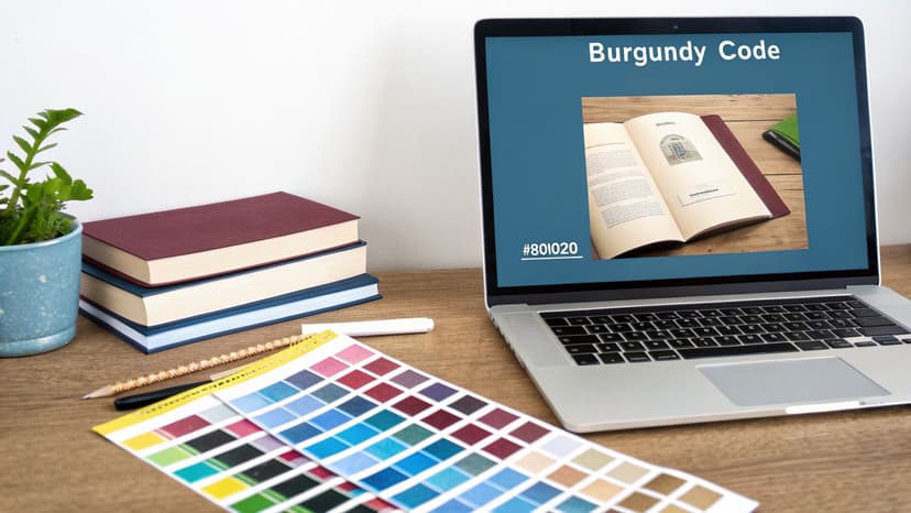 A laptop displays 'Burgundy Code' with a book image, beside books, a plant, and a color palette.