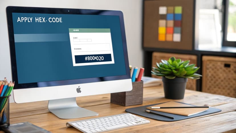 A modern desktop computer screen displaying a 'APPLY HEX. CODE' message and a burgundy color code picker.