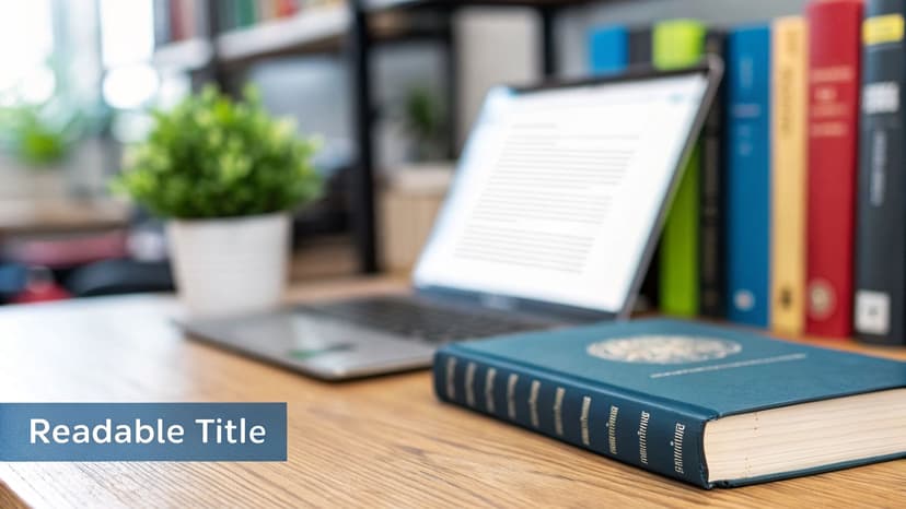 Work desk with an open laptop, a potted plant, and a blue book next to a bookshelf.